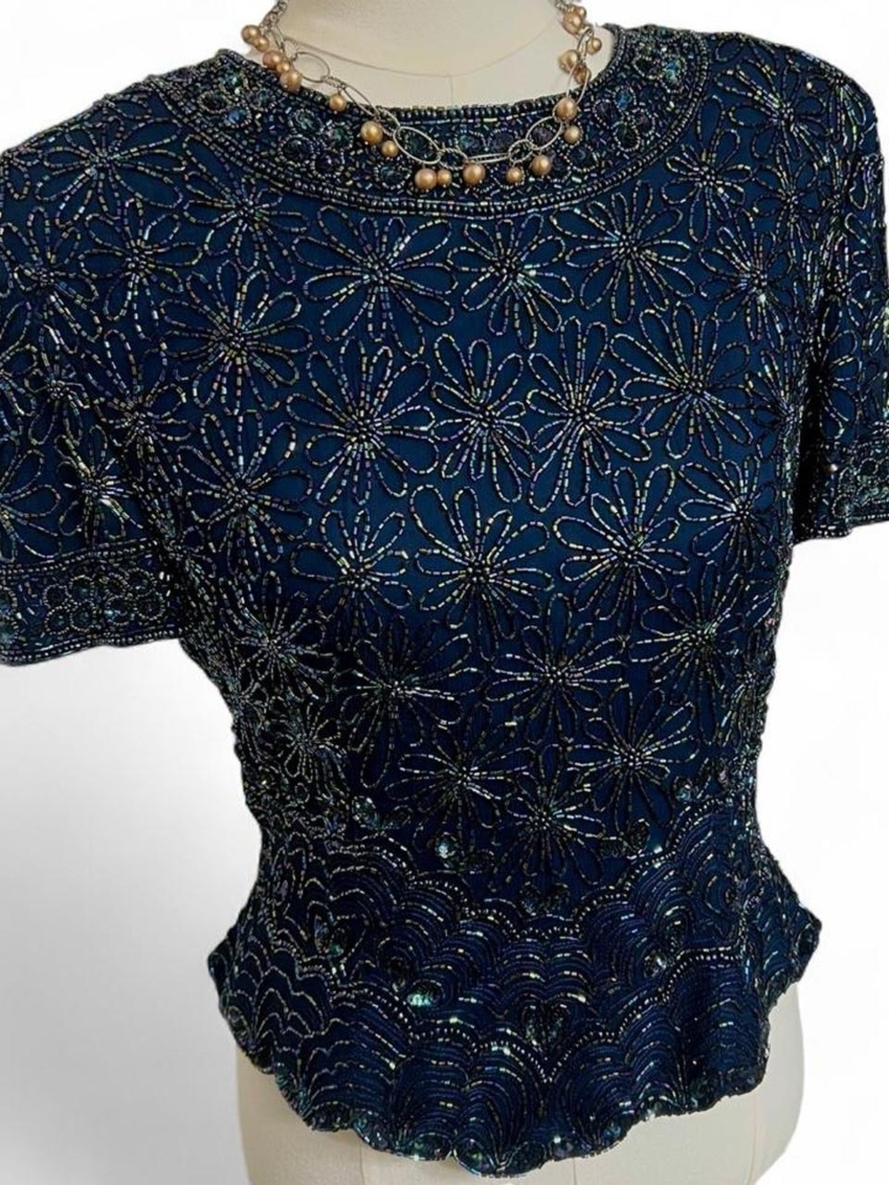 Adrianna Papell Occasions navy blue floral iridescent beaded vintage top silk
